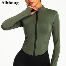 Yoga Outfit Aiithuug Donna Full Zipup Top Allenamento Giacche da corsa con fori per i pollici Elastico aderente Manica lunga Crop Top Activewear 230411