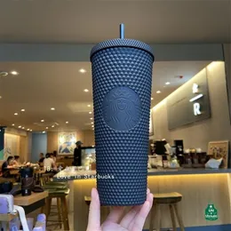 24 oz Durian kişiselleştirilmiş Starbucks yanardöner bling gökkuşağı tek boynuzlu at çivili soğuk fincan tumbler kahve kupası plastik sepet286j