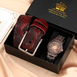 Armbanduhren Luxus Herren Quarz Herren Gürtel Set Edelstahl Uhr Vintage Leder Taille Geschenk Freund Relogio Masculino