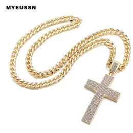 Chokers Arcshaped Cross Iced Out Bling Crystal Pendant For Men Charm Chain Necklace Father's Day Fashion Gift Hip Hop Jewelry 230411