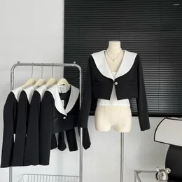 Kvinnorjackor Kvinnor Japan Style Sailor Collar Long Sleeve Crop Jacket Lady Spring Autumn Streetwear Single Button Black Short