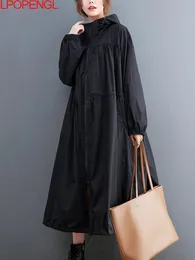 Trench da donna Giacca a vento Autunno oversize Nero Casual Stile britannico Moda con cappuccio di media lunghezza 230411