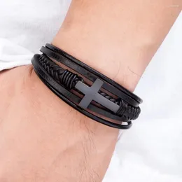 Länkarmband Multicolor Cross Design Classic Metal Clasp Men's Leather Armband Justerbar stilig julminnesgåvor smycken