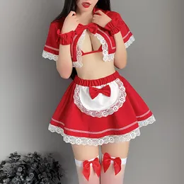 Seksi set porno kadın iç çamaşırı hizmetçi üniforma kıyafetleri cosplay egzotik kostümler Noel kırmızı Noel baba açık göğüs dantel etek 230411