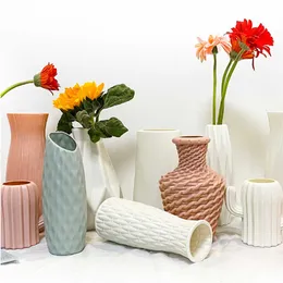 Vaser Modern Flower Vase White Pink Plastic Vase Flower Pot Basket Nordic Home Living Room Decoration Ornament Flower Arrangement P230411