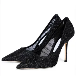 Mode Damen Pumps Sandalen London Love 100 Tüll mit Glitzer Italien Beliebte Marke Spitzschuh Schwarz Weiß Mesh Flacher Mund Designer Sandale High Heels Box EU 35-43