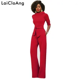 Kvinnors jumpsuits rompers laicloang stativ krage skakor lösa casual jumpsuit kvinnor mode halv ärm breda benfickor overaller för