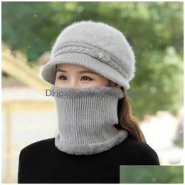 Hats & Scarves Sets Fleece Winter Beanies Lady Hat Scarf Breathable Wool Knitted Newsboy Hats For Women Neck Warm Protection Dhgarden Dh5Zg