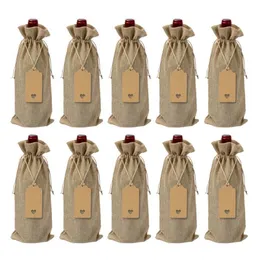 Gift Wrap 10pcs12pcs Rustic Jute Burlap Wine Bags Drawstring Bottle Covers Reusable Package 230411