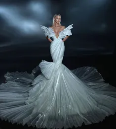 Luxury Mermaid Prom Dresses ärmlös V Neck Appliciques Sequins Pärlad golvlängd 3D spets satin fälls dragkedja aftonklänning brudklänningar plus storlek skräddarsydd