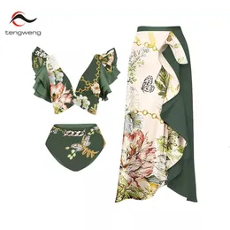 Kvinnors badkläder Green Vintage Bikini Ruffled Floral Print Bikinis Baddräkt och kjol desiger baddräkt kvinnlig retro summwe surf slitage 230411