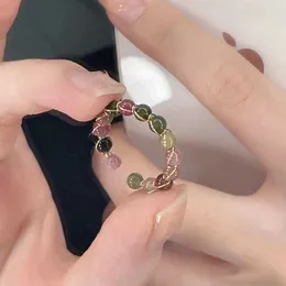 Band Rings Natural Stone Rainbow Tourmaline Ring Fashion Retro Handmade Metal Wire Winding Beaded Open Adjustable Ring Female Charm Jewelry P230411