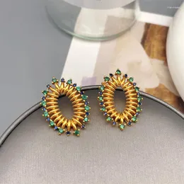 Stud Earrings Europe And America Retro Encrusted Colored Zircon Geometric Metal Threaded For Women Exquisite Luxury