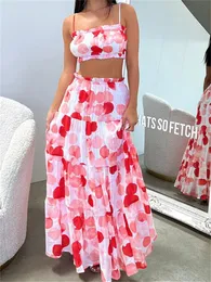 Tvådelad klänning WSevypo Boho Flower Print Two Piece Set Bandeau Crop Tube Tophigh midje strand Lång kvinnors semesterstranduppsättning 230410