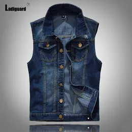 Gilet da uomo Ladiguard Plus Size 5xl 6xl Giubbotti di jeans da uomo Senza maniche Multitasche Gilet di jeans Top Giacca di jeans strappata con foro sexy 231110