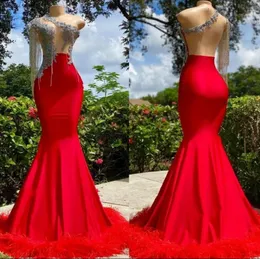 2023 Red Prom Dresses With Tassel Sexy One Shoulder Beads Crystals Feather 2k23 Open Back Evening Party Gowns For Teens Graduation Wears BC15574 j0407