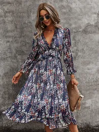 Casual Dresses MsFilia Sexy V Neck Floral Dress Ladies Futterfly Sleeve High midje Casual Print Dresses For Women Summer Chiffon Dress 230410