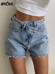 Kvinnors shorts aproms vintage tassel blå denim kvinnor avslappnad hög midja botten sommar streetwear mode fasta färg jeans 230411