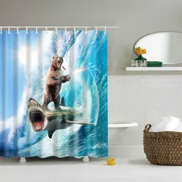 Dafield animal engraçado corajoso urso em um tubarão cortina de chuveiro tema arte para tecido lavável decoração do banheiro cortina de chuveiro urso y200108250s