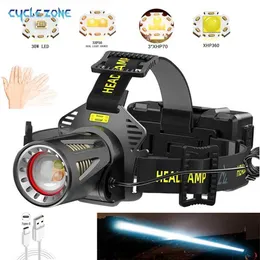 مصابيح الرأس Cyclezone USB مصابيح أمامية قابلة لإعادة الشحن H6 LED مقاوم للماء 18650 البطارية Torch Torch Fishing Outdoor Camping Sensor Sensor P230411