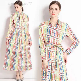 Camisa estampada vintage Manga larga elegante Pista para mujer Botón de solapa con cordones Arco Maxi Office Ladies Slim A-line Vestidos de fiesta de cóctel