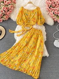 Two Piece Dress Summer Bohemian Womens Flower Chiffon Set Elegant Vneck Puff Short Sleeve Bandage TopHigh Waist Pleated Beach Tight 230410