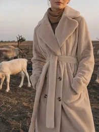 Mezclas de lana para mujer Abrigos de piel con doble botonadura para mujer, chaqueta con cinturón de bolsillo de felpa con cuello vuelto sólido, abrigo cálido grueso 231110
