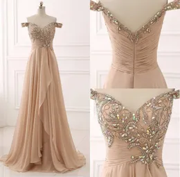 Stunning Beaded Chiffon Long Evening Dresses A Line Prom Party Dress Off Shoulder Neckline Evening Gowns Graduation Dresses Beading