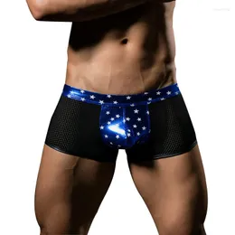 Calzoncillos gay para hombre boxeadores pantalones cortos ropa interior cintura baja estrellas impresas red ahueca hacia fuera sexy troncos bolsa