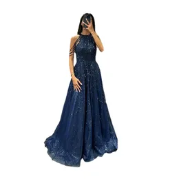 Sumnus Navy Blue Luxury Evening Promドレススパンコールチュール長いラインフロアの長さキラキラと女性のためのノーシュドレス