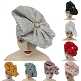 BeanieSkull Caps Big Flowers Pleated Top Hats Headtie Fashion African Nigeria Womens Party Wedding Cap Headgear Nigerian Femme Bandanas Gele Ako 231110