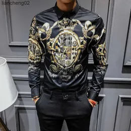 Mäns avslappnade skjortor 2019 Black Gold Print Shirts Men Barock Slim Fit Party Club Shirt Men Camisa Homem Luxury Long Sleeve Plus Size 4XL W0410