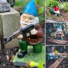 Trädgårdsdekorationer rolig armé gnome staty harts skrivbord gräsmatta prydnad utomhus dekoration trämonster gård skulptur