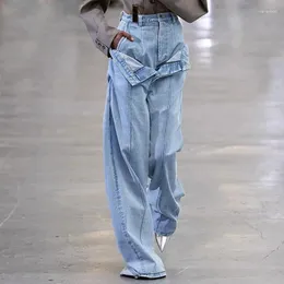 Kvinnors jeans kvinnors designer hög midja falsk tvåbitar rak ben casual trendiga denim byxor