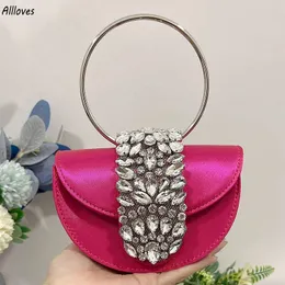 Fashion Hot Pink Rhinestone Ladies Bag Elegant Half Round Satin Handbags Women Round Metal Ring Handle Bag Evening Clutch Wedding Bridal Handbag Purses CL2919