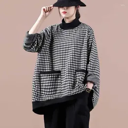 Kvinnors hoodies superaen överdimensionerade kvinnor höst koreansk stil lös turtleneck houndstooth rutig tröjor långärmad avslappnad pullover