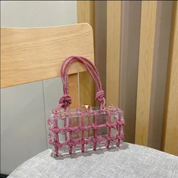 Kvällspåsar jiomay lyxdesigner handväskor 2023 kvinnor bling damer transparent akryl knuten remslåda formad axel 230411