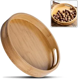 Bamboo Wood Party Serving Tray Natural Round Cut Out Handles Portable Banquet Raised Edge Dining Room Dessert Bread Food Storage