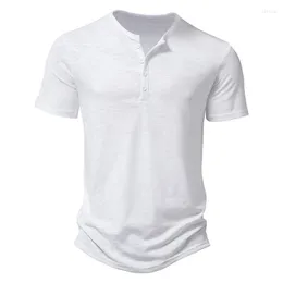 Herr t-skjortor sommarskjorta män mode Henley krage vit t-shirt herrar kort ärm avslappnade smala toppar tees fast färg t-shirt för man