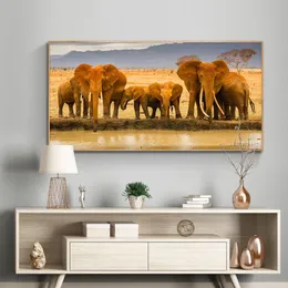 Wild Africa Animal Art Lake Tree Mountain Landscape Canvas Målningsaffischer och tryck Cuadros väggkonst Bild för vardagsrum