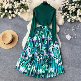 Vestidos casuais básicos novo outono inverno malha retalhos flor impressão chiffon vestido elegante feminino o pescoço manga longa rendas até vestido midi plissado 2024