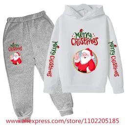 Roupas conjuntos de capuz de natal conjunto de crianças roupas garotas maiúsculas com capuz meninos Papai Noel Sweatshirt 2pcs crianças estranhas coisas roupas 231110