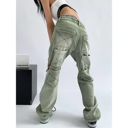 Women's Jeans Women's Green Jeans Vintage Washed Multiple Pockets Wide Leg Pants Casual Street High Waist Baggy Denim Trouser Ladies Summer 230411