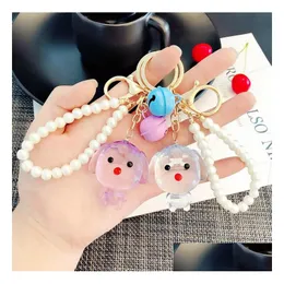 Mticolor Creative Dog Keychain med Pearl Chain Bell Pendant Key Delicacy 3D Animal Ring Bag Tillbehör Drop Delivery Dhkqz