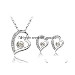 Earrings & Necklace High Quality 18K White Gold Sier Plated Crystal Love Heart Necklace Earrings Jewelry Sets For Women Brid Dhgarden Dhzdg