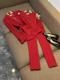 2023 Autumn Wine Red Solid Color Two Piece Pants Sets Long Sleeve Notched-Lapel Single-Breasted Blazers Top With Vest Long Pants Set 3 Pieces Blazer Suits O3N02121121