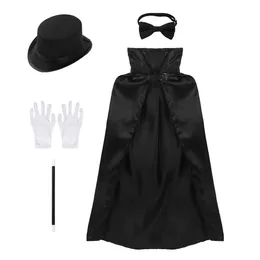 Party Hats Kids Magician Role Play Halloween Costume Outfit Cape Hat Magic Wand Gloves Necktie Set Cosplay Performances Dress Up 230411