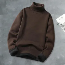 Herrtröjor män Turtleneck tröja fleece fodrad med foder smal passande fast färg för hösten