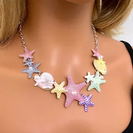 Novo colar colorido de estrela do mar com concha de óleo, pequeno, fresco, doce e fofo, versátil, feminino