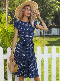 Casual Dresses Jim Nora Women Beach sundress kort ärm polka dot tryck vestido aline blommig elegant hög midja veck casual midi klänningar 230410